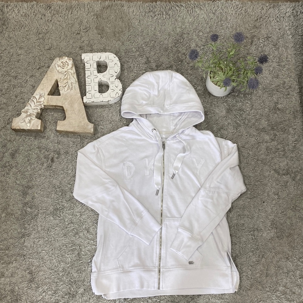 DKNY Womens White Zip Up Hoodie